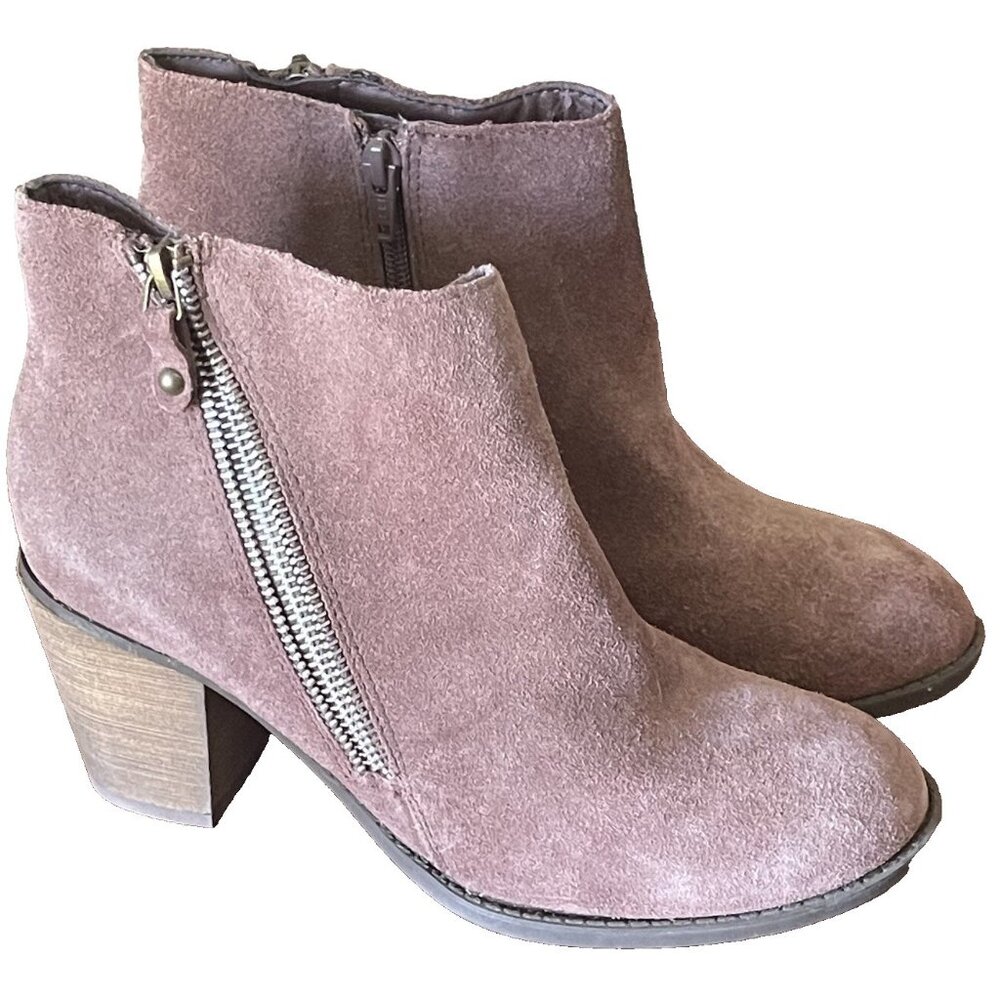 Skechers Women's Taupe Suede Zip Block Heel Ankle Boots Size 8.5 Western Cowgirl